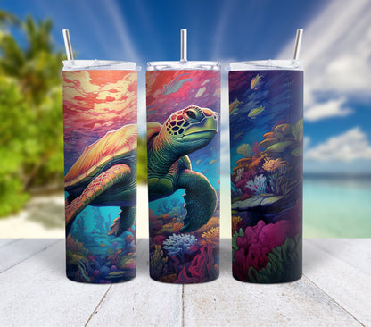 Colorful Ocean Life 90's Rainbow 20oz Stainless Steel Tumbler, Insulated Travel Mug with Manatee Orca, Octopus, Otters, Clowfish, Dolphins