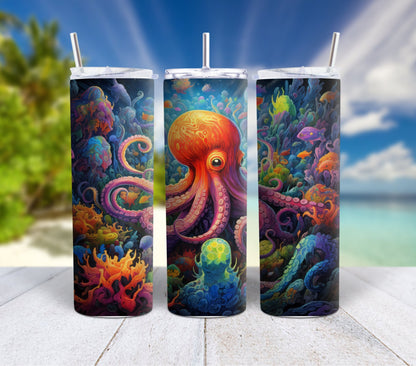 Colorful Ocean Life 90's Rainbow 20oz Stainless Steel Tumbler, Insulated Travel Mug with Manatee Orca, Octopus, Otters, Clowfish, Dolphins