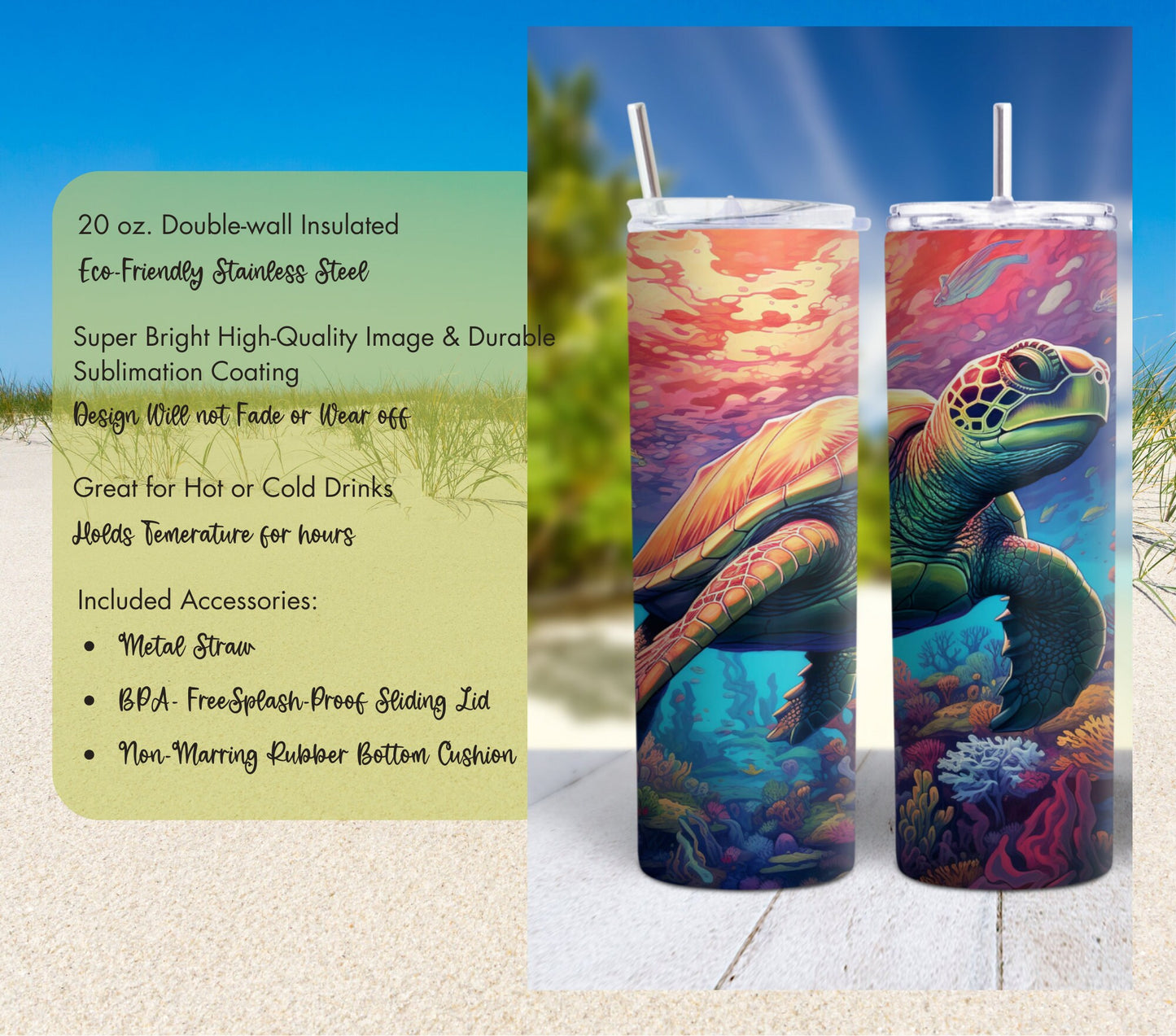 Colorful Ocean Life 90's Rainbow 20oz Stainless Steel Tumbler, Insulated Travel Mug with Manatee Orca, Octopus, Otters, Clowfish, Dolphins