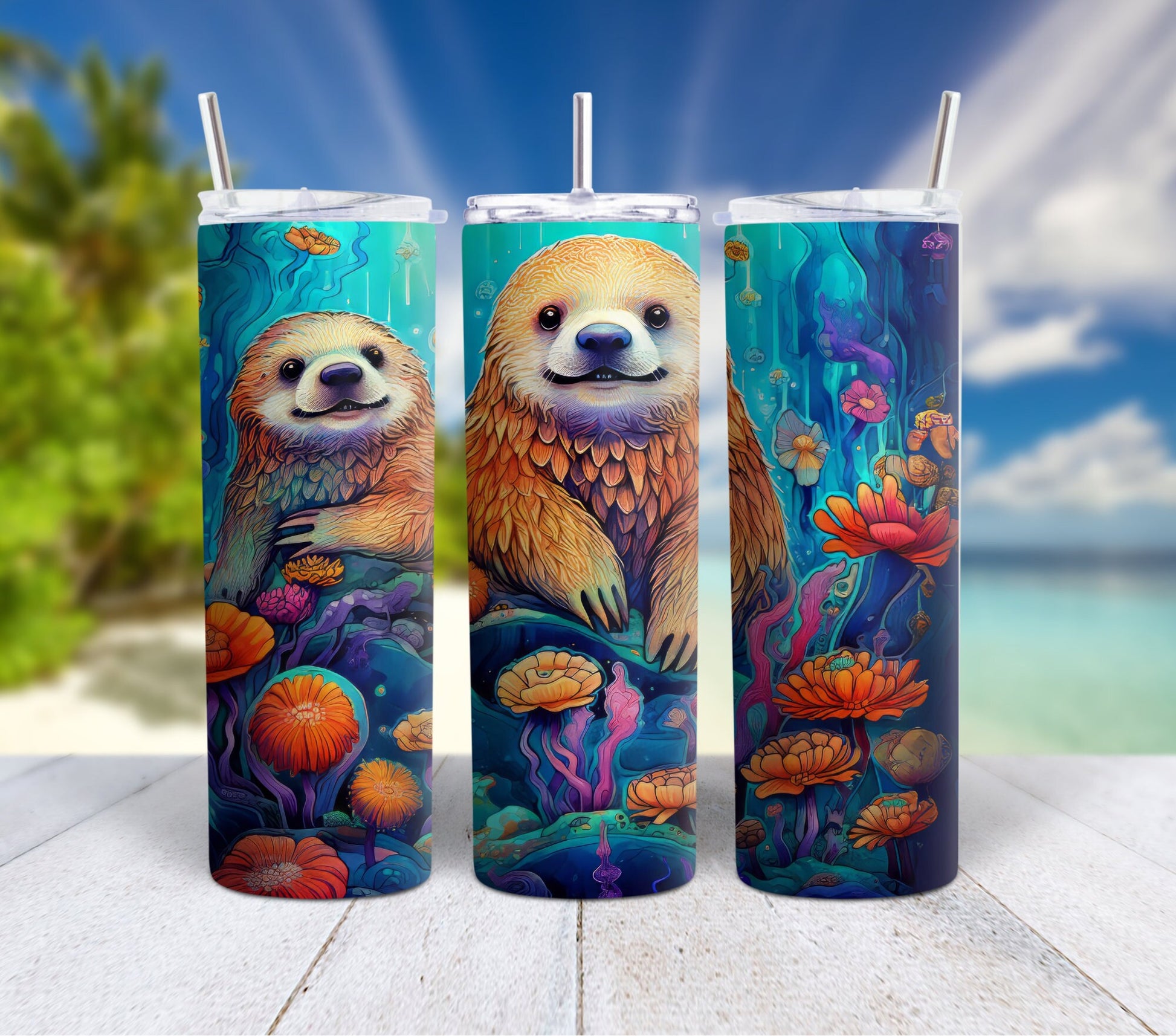 Colorful Ocean Life 90's Rainbow 20oz Stainless Steel Tumbler, Insulated Travel Mug with Manatee Orca, Octopus, Otters, Clowfish, Dolphins