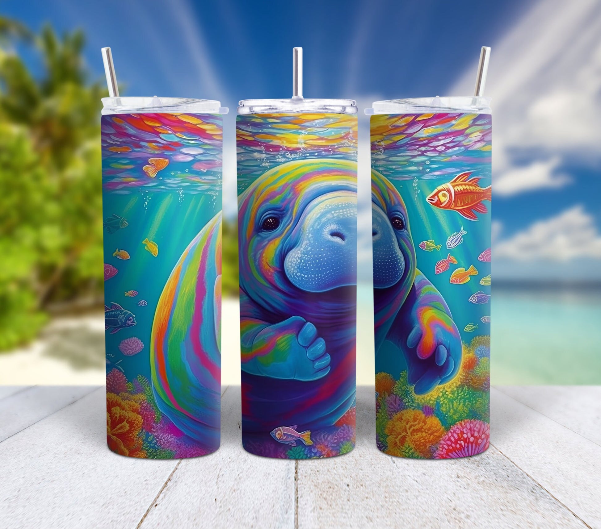 Colorful Ocean Life 90's Rainbow 20oz Stainless Steel Tumbler, Insulated Travel Mug with Manatee Orca, Octopus, Otters, Clowfish, Dolphins