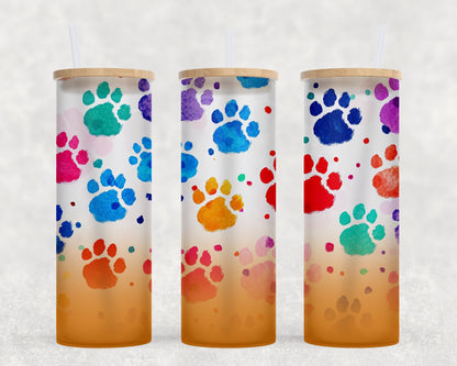 Dog Mom Gift for Bestie, Daughter, Teacher or Girlfriend- 25 oz Colorful paw print glass tumbler with bamboo lid and straw for iced coffee