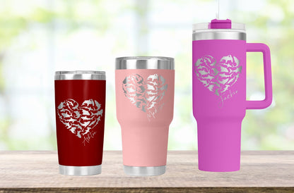 Personalized Sharks Heart Tumbler - 20, 30, and 40 oz, or 14-ounce camp mug. Perfect gift for SCUBA DIVERS, Shark and Ocean Lovers.