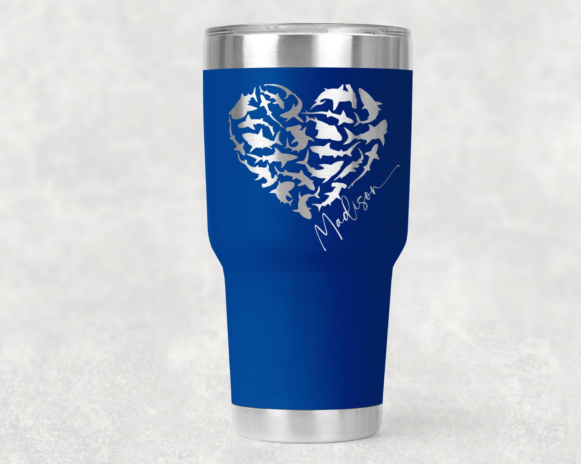 Personalized Sharks Heart Tumbler - 20, 30, and 40 oz, or 14-ounce camp mug. Perfect gift for SCUBA DIVERS, Shark and Ocean Lovers.