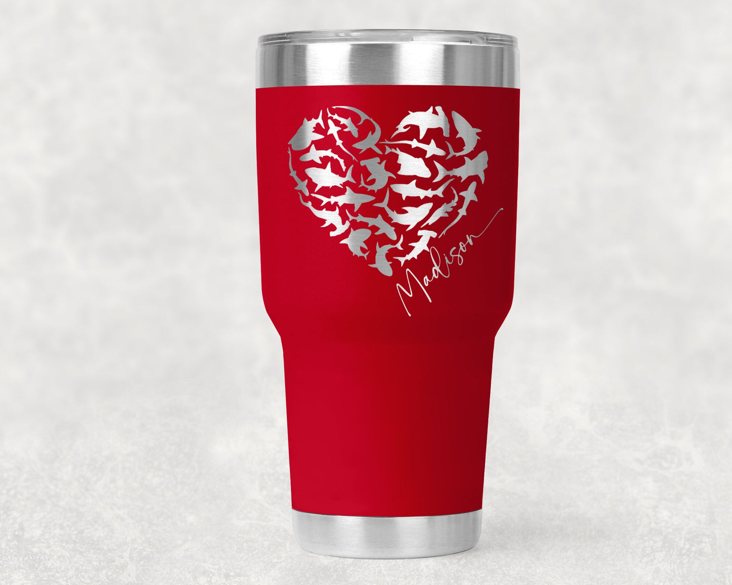 Personalized Sharks Heart Tumbler - 20, 30, and 40 oz, or 14-ounce camp mug. Perfect gift for SCUBA DIVERS, Shark and Ocean Lovers.