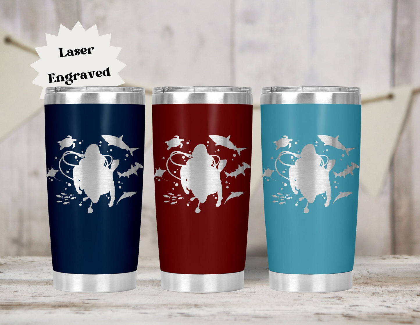 SCUBA Diver Tumbler, Big Animal Diving- 20, 30, and 40 oz, or 14-ounce camp mug. Perfect gift for Dive Buddy - Manta, Shark and Ocean Lovers