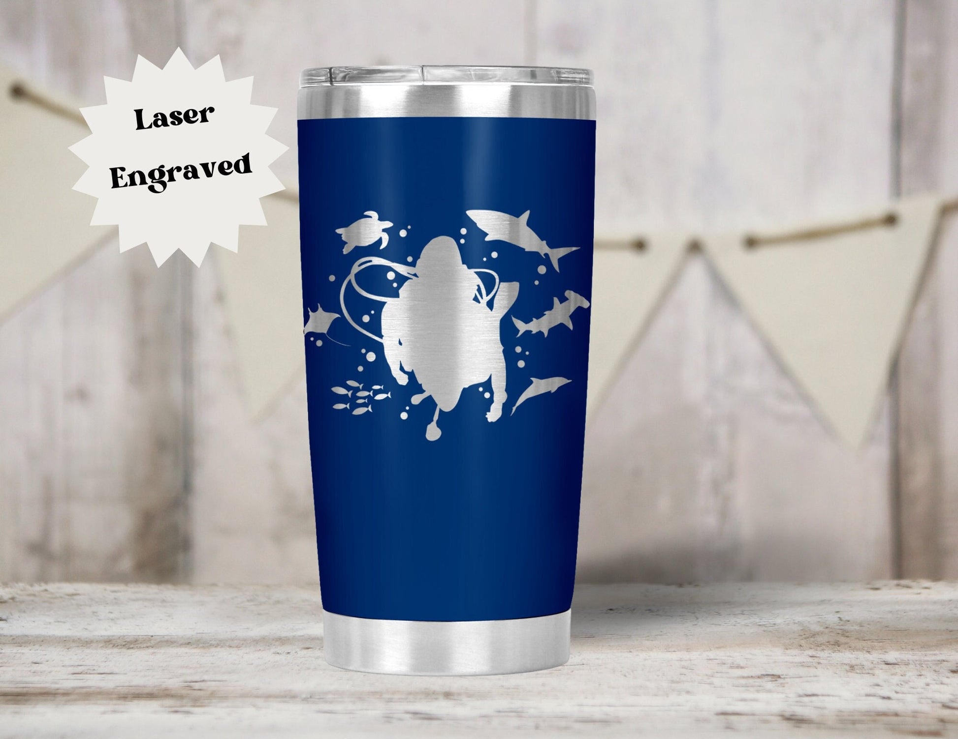 SCUBA Diver Tumbler, Big Animal Diving- 20, 30, and 40 oz, or 14-ounce camp mug. Perfect gift for Dive Buddy - Manta, Shark and Ocean Lovers