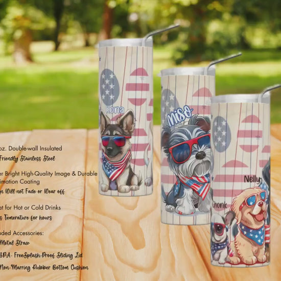 Custom Patriotic Dog Tumblers - Personalize with 20 Breeds & Names, Stainless Steel Design for Summer Drinks. Perfect for July 4th BBQs!