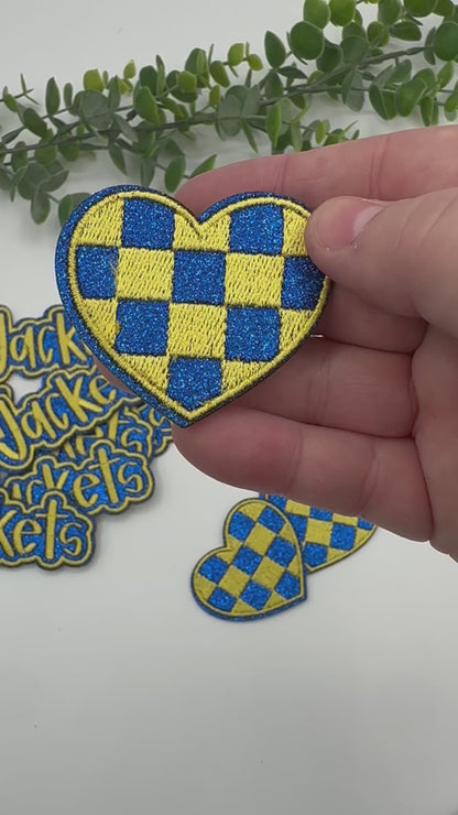 Embroidered Checkered Heart Glitter Iron-On Patch CUSTOM