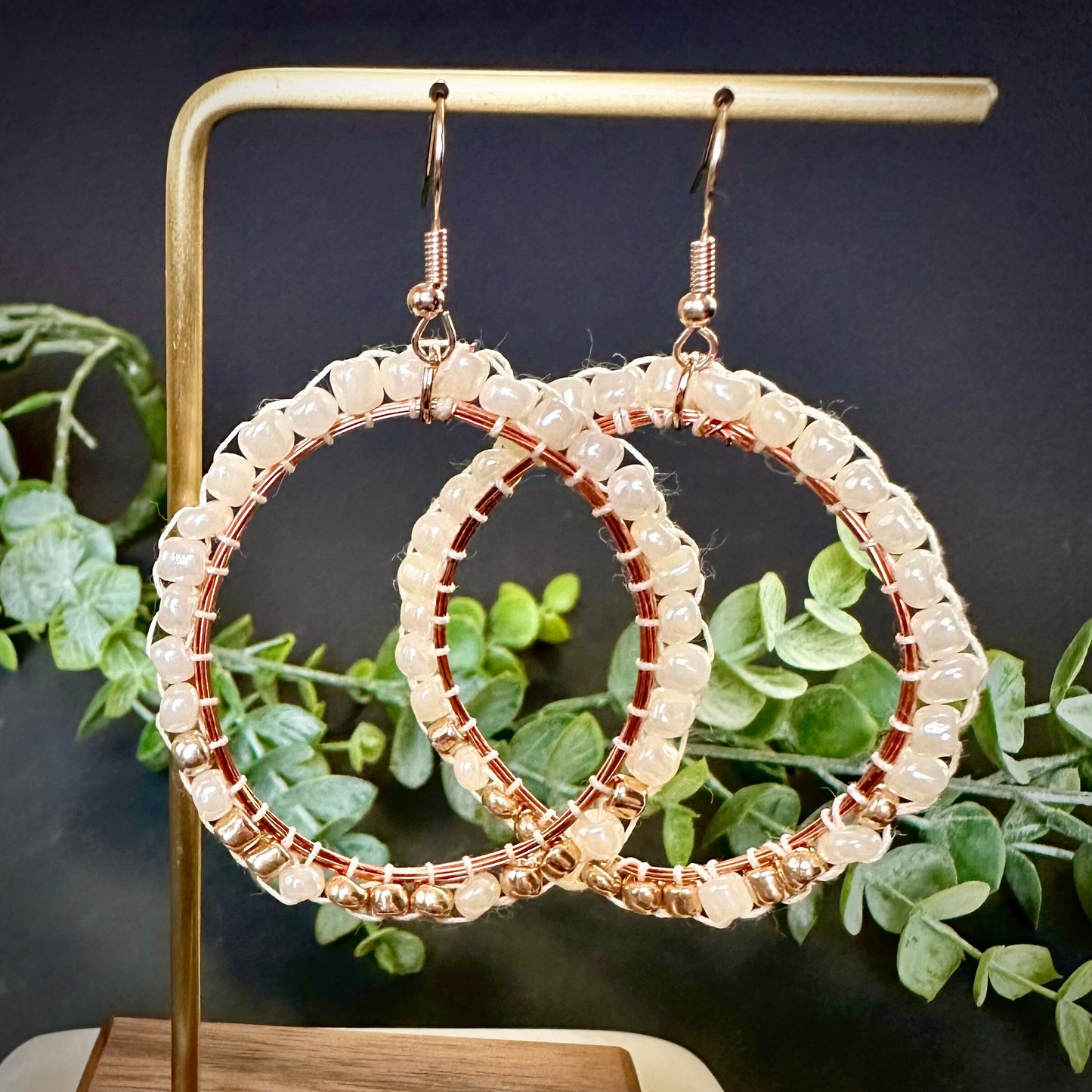 Valentines Day gift for her, Hand Beaded Copper hoop dangle earrings. perfect for wedding or bridal party and bridesmaids