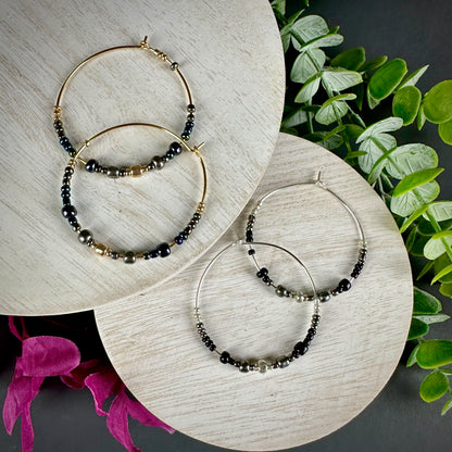 Minimalist Beaded hoop earrings for Christmas. Gold, Silver earrings | Wire Hoops with Beads |Handcrafted Hoop Circle Earrings.