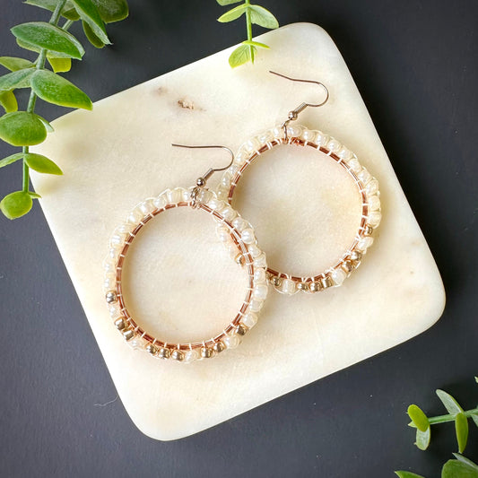 Valentines Day gift for her, Hand Beaded Copper hoop dangle earrings. perfect for wedding or bridal party and bridesmaids