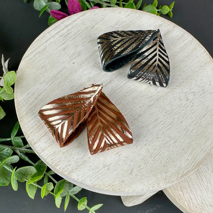 Folded Leather Metallic Palm Leaf Post Earrings | Tropical Foldover  Ear ring |  Vacation Honeymoon Resort Statement Earring | For Her