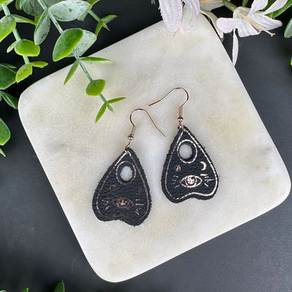 Genuine Leather Ouija Planchette Dangle, Whimsigoth Metallic Accents | Spirit Board Paranormal Halloween Earring for Spooky Season