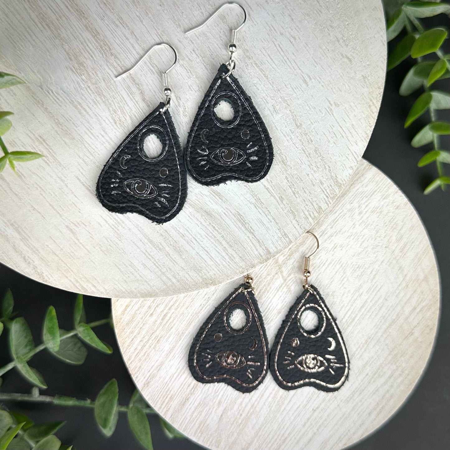 Genuine Leather Ouija Planchette Dangle, Whimsigoth Metallic Accents | Spirit Board Paranormal Halloween Earring for Spooky Season