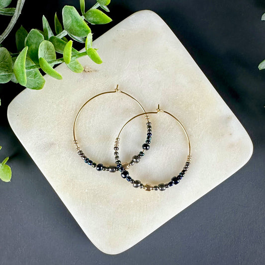 Minimalist Beaded hoop earrings for Christmas. Gold, Silver earrings | Wire Hoops with Beads |Handcrafted Hoop Circle Earrings.