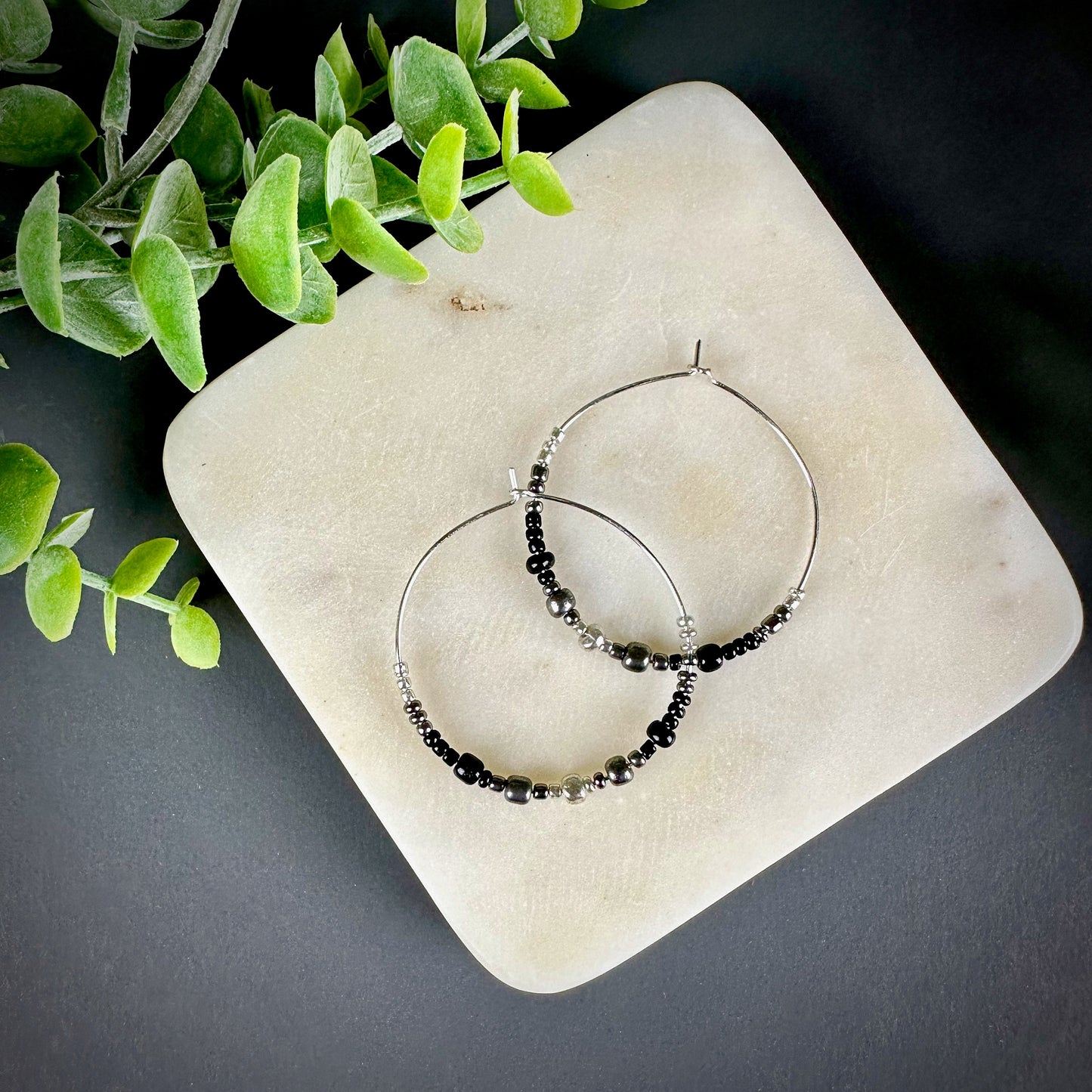 Minimalist Beaded hoop earrings for Christmas. Gold, Silver earrings | Wire Hoops with Beads |Handcrafted Hoop Circle Earrings.