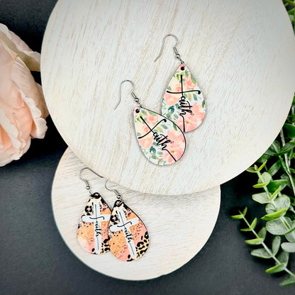 Faith Pastel Floral Cross Teardrop Earrings | Christian Pink and Patterned Dangle Drop Earring,  Religious Earrings for Church, Modern