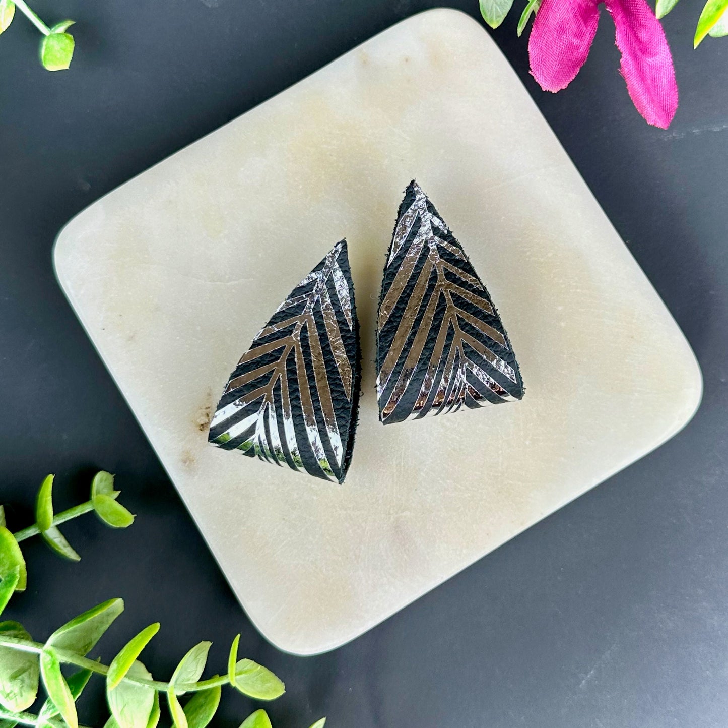 Folded Leather Metallic Palm Leaf Post Earrings | Tropical Foldover  Ear ring |  Vacation Honeymoon Resort Statement Earring | For Her