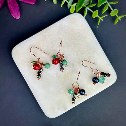 Beaded Modern Cluster Earrings - Agate, Jasper, Glass and Pearl |  Red & Green Christmas Bauble Earrings Summer Spring Vacation Honeymoon|