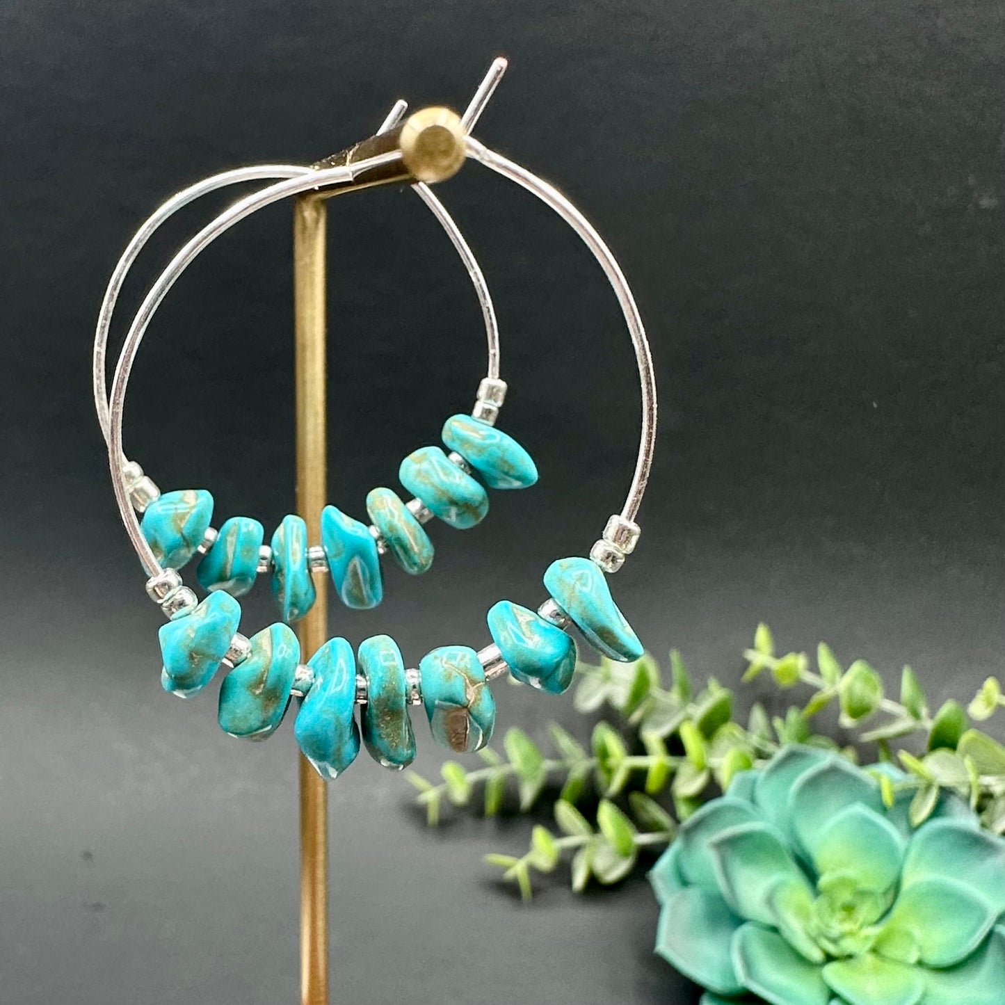 Turquoise Beaded Hoop Earrings in Gold, Silver, or Rose Gold. Lightweight and casual for the Beach or Vacation | Natural Stone chip earrings