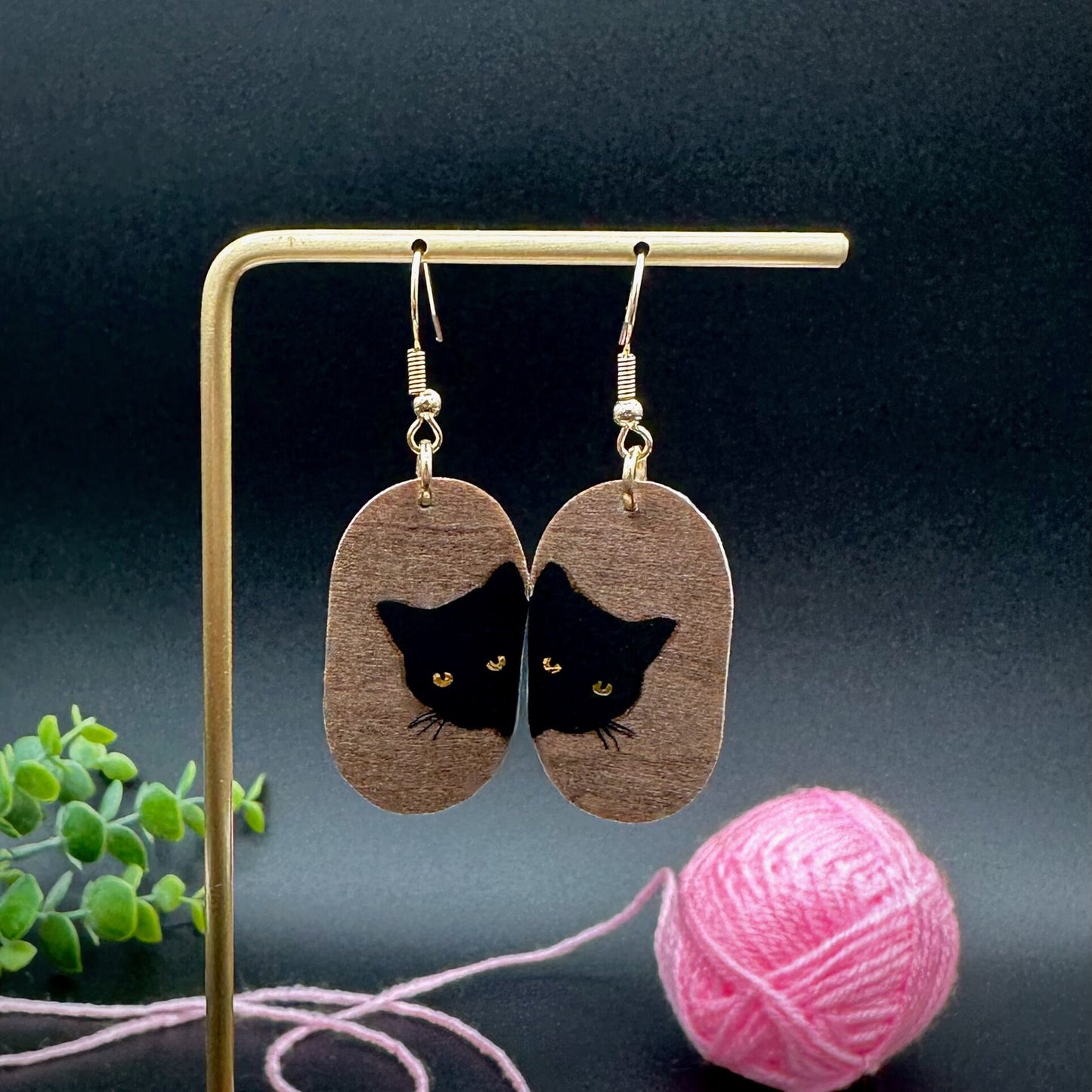 Oval Black Cat Wooden Dangle Earrings | Mother's Day, Lightweight Void Kitty with Gold Eye Shine | Mischievous Peeking Kitten Cat Lover gift