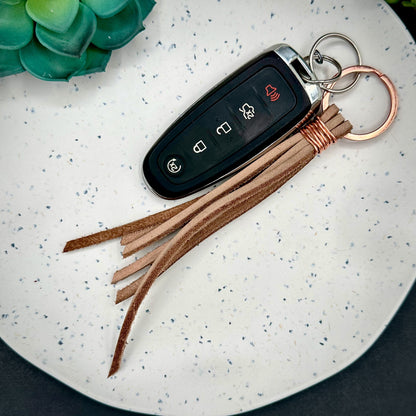 Leather Tassel Keychain, Handmade - 1.25" Key Ring in Espresso, Saddle, Grey or Light Tan- Matching Keyring and Wire Binding. Mother's Day