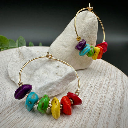 Rainbow Beaded Hoop Earrings| Mother's Day Gift| LGTBQ Pride Hoops | Natural Stone chip multicolor wire earrings | Colored Buffalo Turquoise