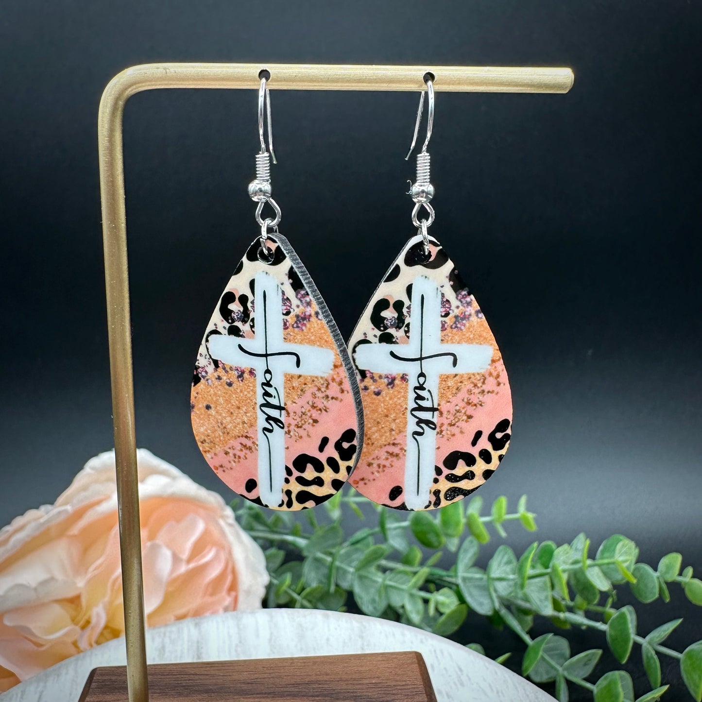 Faith Pastel Floral Cross Teardrop Earrings | Christian Pink and Patterned Dangle Drop Earring,  Religious Earrings for Church, Modern