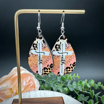 Faith Pastel Floral Cross Teardrop Earrings | Christian Pink and Patterned Dangle Drop Earring,  Religious Earrings for Church, Modern