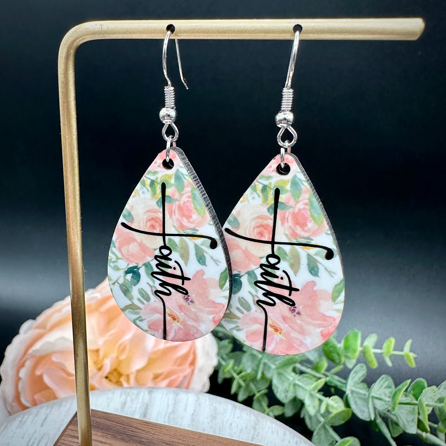 Faith Pastel Floral Cross Teardrop Earrings | Christian Pink and Patterned Dangle Drop Earring,  Religious Earrings for Church, Modern