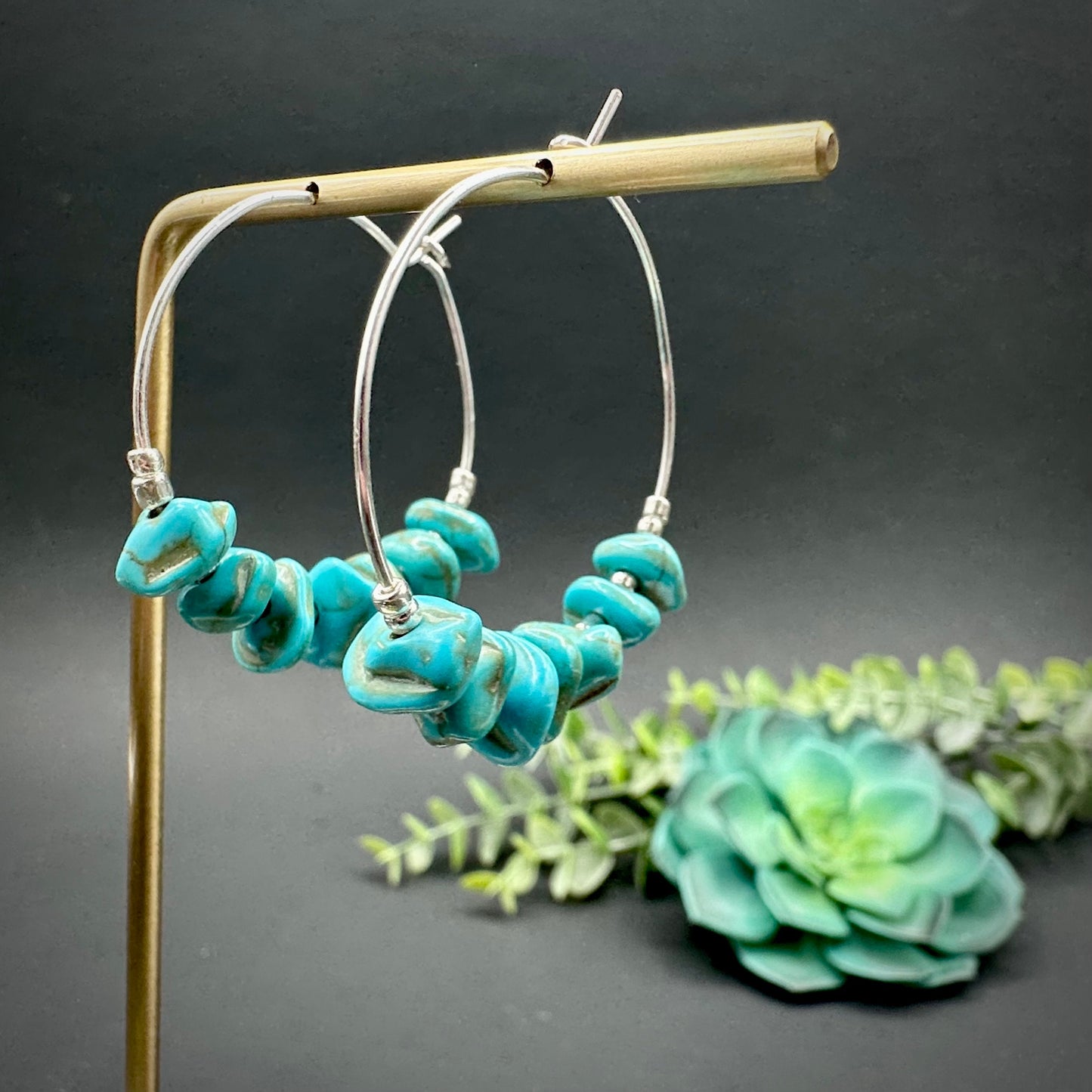 Turquoise Beaded Hoop Earrings in Gold, Silver, or Rose Gold. Lightweight and casual for the Beach or Vacation | Natural Stone chip earrings