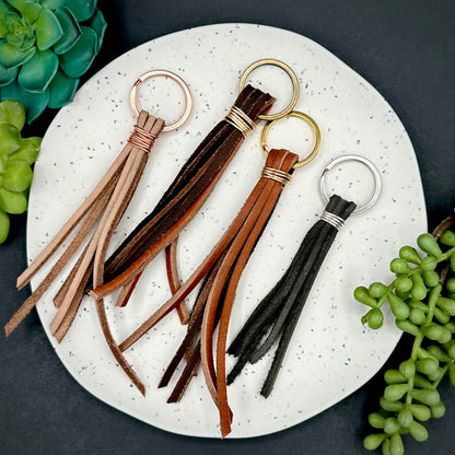 Leather Tassel Keychain, Handmade - 1.25" Key Ring in Espresso, Saddle, Grey or Light Tan- Matching Keyring and Wire Binding. Mother's Day