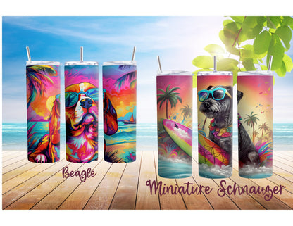 Colorful Dog Breed 90's Rainbow Inspired 20oz Stainless Steel Tumbler, Dog Breeds at the Beach Insulated Travel Mug for Summer