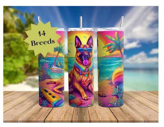 Colorful Dog Breed 90's Rainbow Inspired 20oz Stainless Steel Tumbler, Dog Breeds at the Beach Insulated Travel Mug for Summer