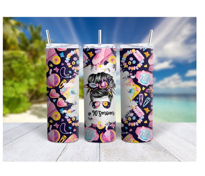 90's Mom Nostalgic Tumbler- Messy Bun Colorful 20 oz Skinny Tumbler, Keep Your Drinks Cool or Hot All Day. Order Now and Relive the Memories