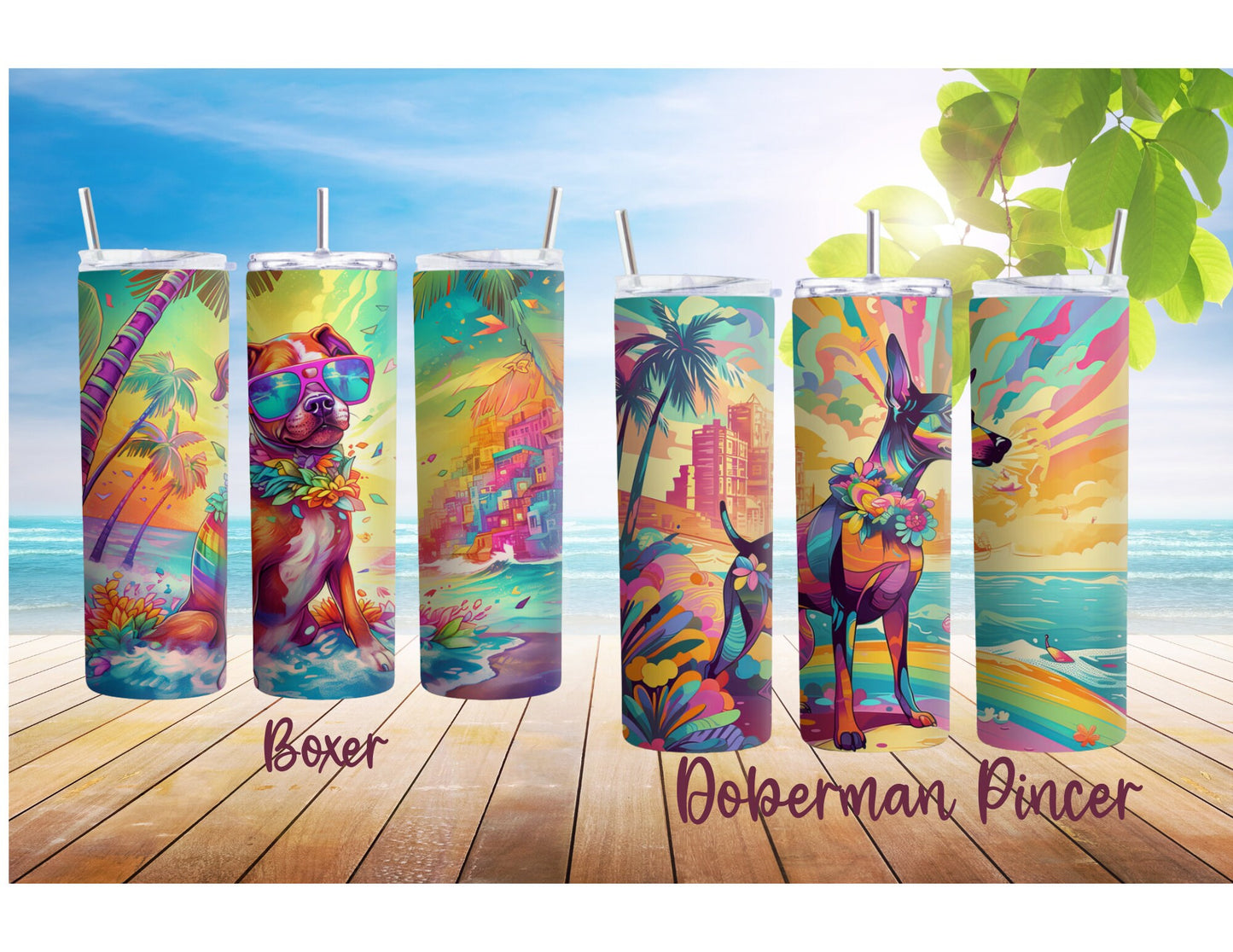 Colorful Dog Breed 90's Rainbow Inspired 20oz Stainless Steel Tumbler, Dog Breeds at the Beach Insulated Travel Mug for Summer