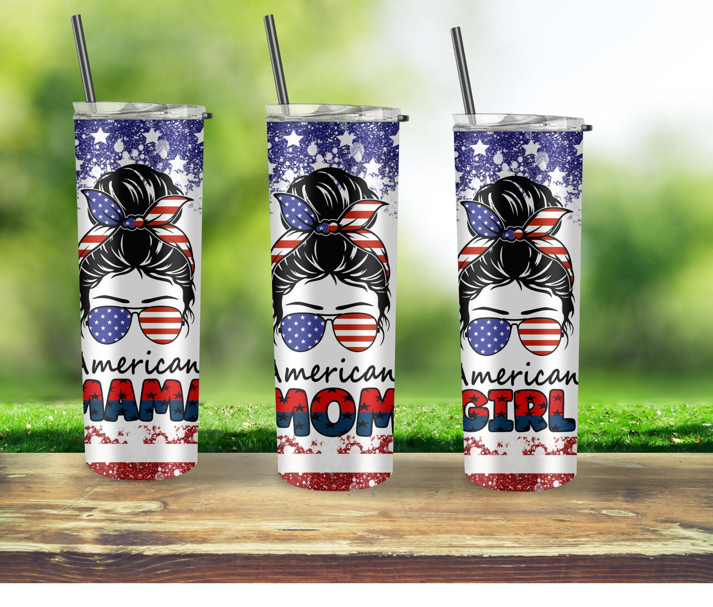 Patriotic Mom Life Skinny Tumbler - Messy Bun American Girl Style for Memorial Day and 4th of July. Red White and Blue Travel Mug for Mama