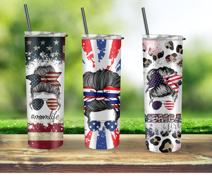 Patriotic Mom Life Skinny Tumbler - Messy Bun American Girl Style for Memorial Day and 4th of July. Red White and Blue Travel Mug for Mama