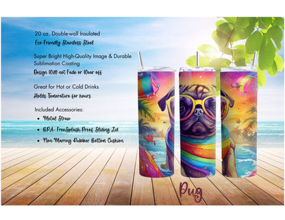 Colorful Dog Breed 90's Rainbow Inspired 20oz Stainless Steel Tumbler, Dog Breeds at the Beach Insulated Travel Mug for Summer