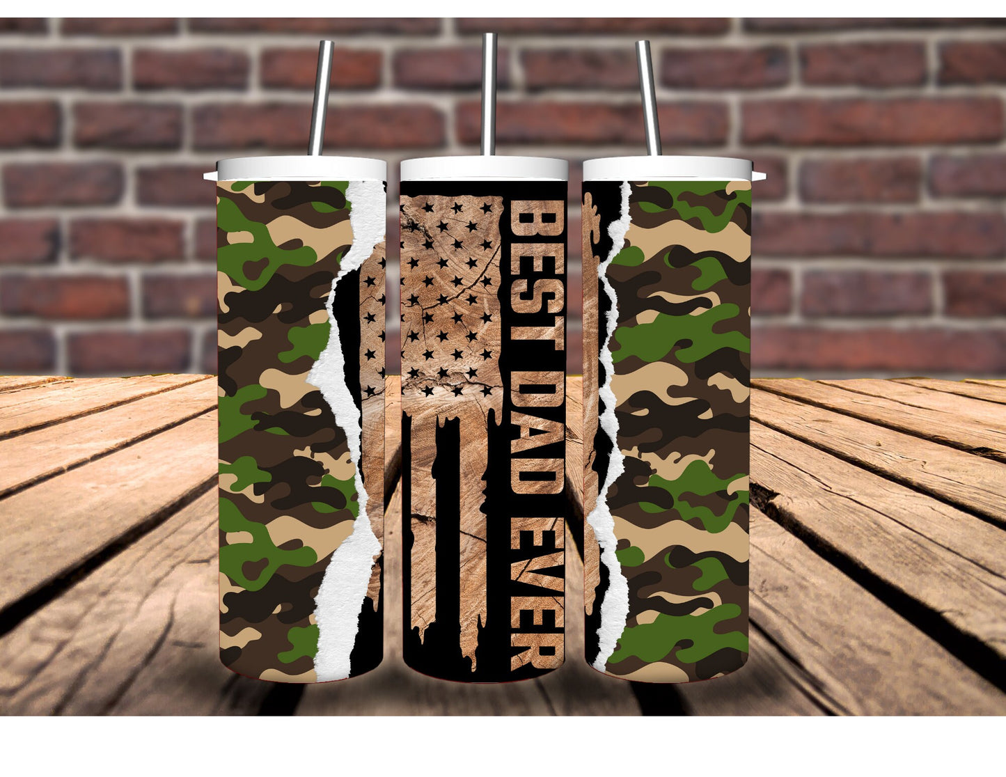 Best Dad Ever 20oz Insulated Hot Cold Tumbler - Camouflage, American Flag, Blue Line, Red Line Designs. For Veterans, Firefighter, or Police