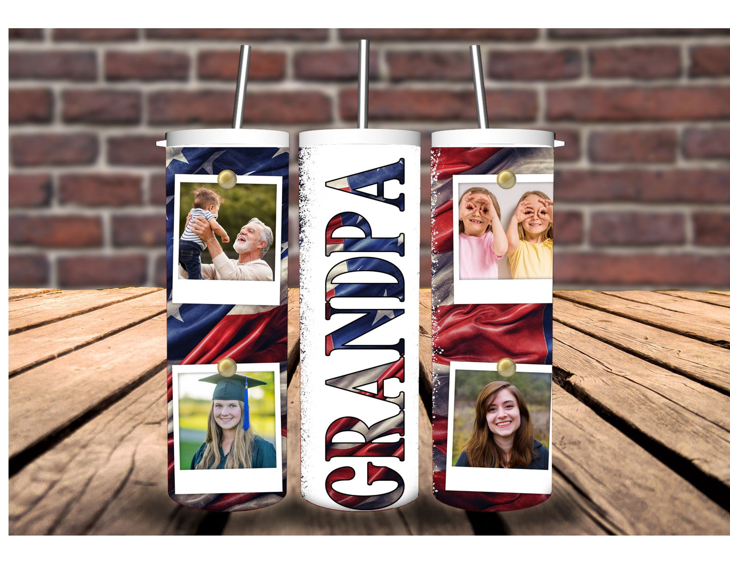 Patriotic Pride, Family Ties- Personalized American Flag Tumbler with Custom Family Photos. A Unique Gift That Honors Dads Love and Heritage