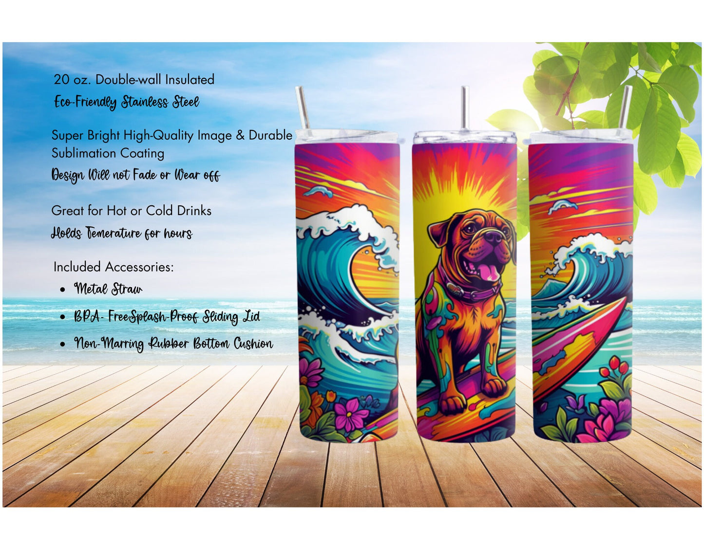 Bull Mastiff at the Beach, Personalized 90's Rainbow Colorful 20oz Stainless Steel Tumbler, Bullmastiff Insulated Travel Mug for Summer.