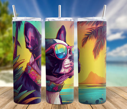 90's  Boston Terrier Dog at the Beach, Rainbow Colorful 20oz Skinny Stainless Steel Tumbler, Bostie Insulated Travel Mug for Summer