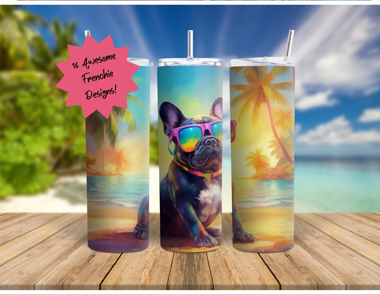 90's  French Bulldog at the Beach, Rainbow Colorful 20oz Skinny Stainless Steel Tumbler, Frenchie Insulated Travel Mug for Summer