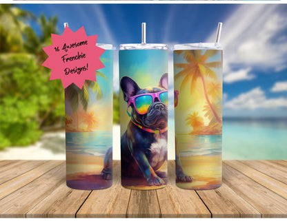 90's  French Bulldog at the Beach, Rainbow Colorful 20oz Skinny Stainless Steel Tumbler, Frenchie Insulated Travel Mug for Summer