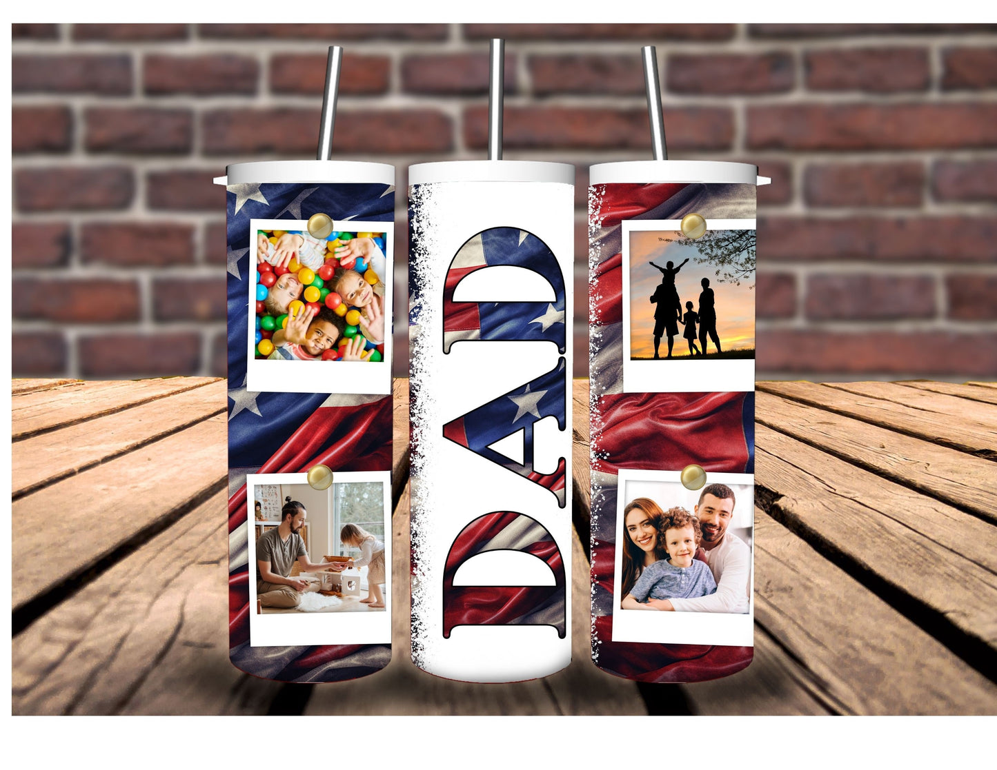 Patriotic Pride, Family Ties- Personalized American Flag Tumbler with Custom Family Photos. A Unique Gift That Honors Dads Love and Heritage