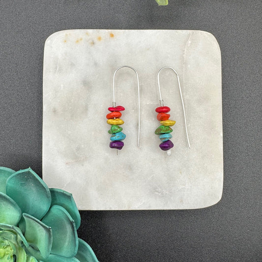 Rainbow Beaded Boho Arch Earrings, Perfect gift, Natural Stone chip multi-color wire earrings in gold, silver or rose gold.