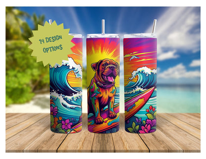 Bull Mastiff at the Beach, Personalized 90's Rainbow Colorful 20oz Stainless Steel Tumbler, Bullmastiff Insulated Travel Mug for Summer.