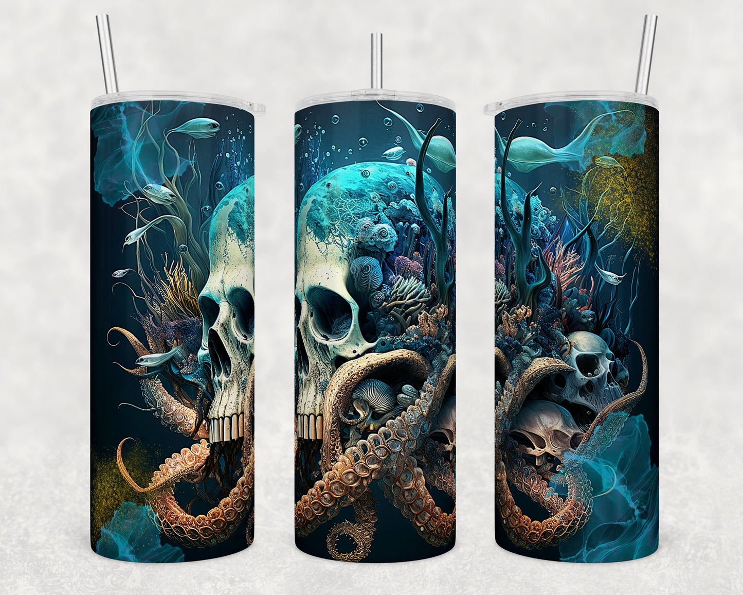 Scuba Skull Surreal Coral Reef 20 oz Tumbler -Glow in the Dark, Unique and Eye-Catching Design for Night Divers & Ocean Lovers